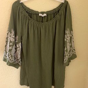 Off the shoulder green embroidered shirt